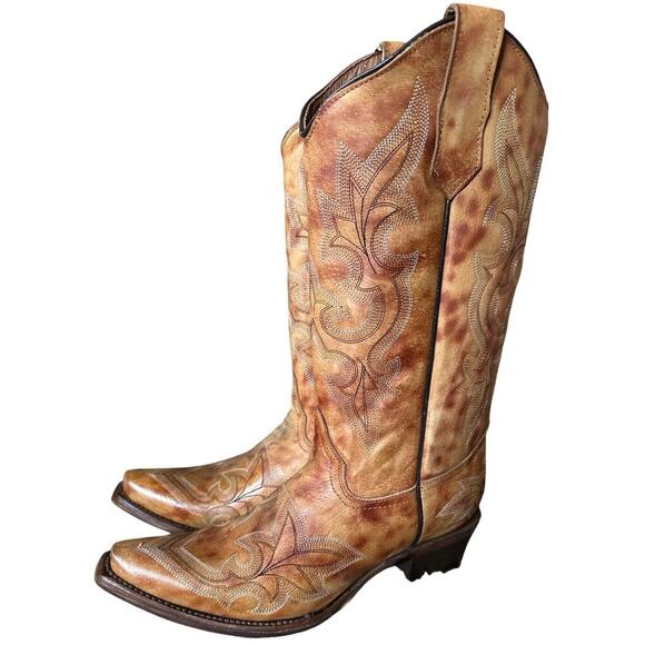 NWOT Women's Circle G Leather Cognac Tan Leather Snip Toe Western Boots Size 9 - Picture 4 of 8